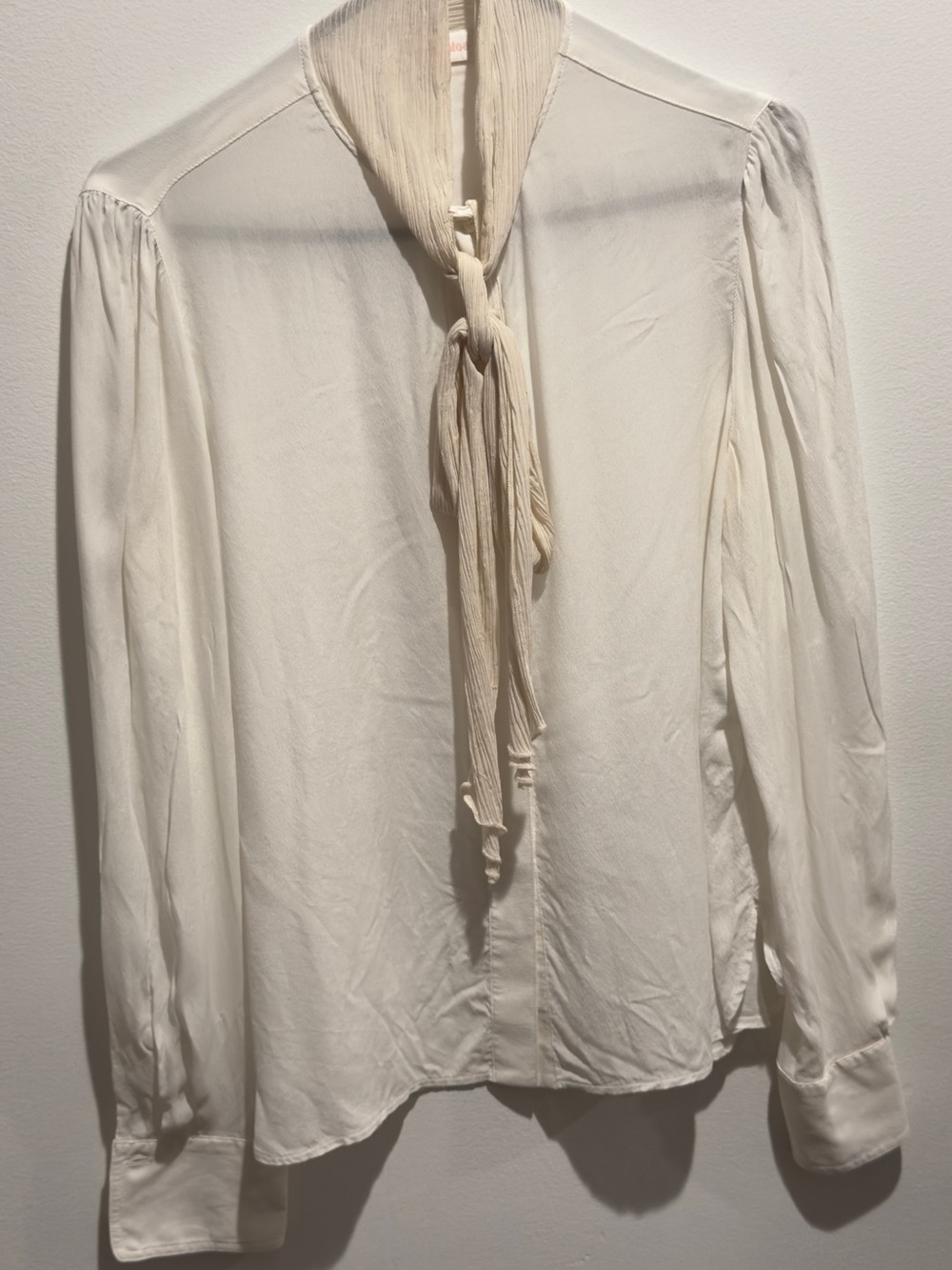 See by Chloé Ivory Cream Tie Neck Blouse Pleated Bow Long Sleeve Designer Top